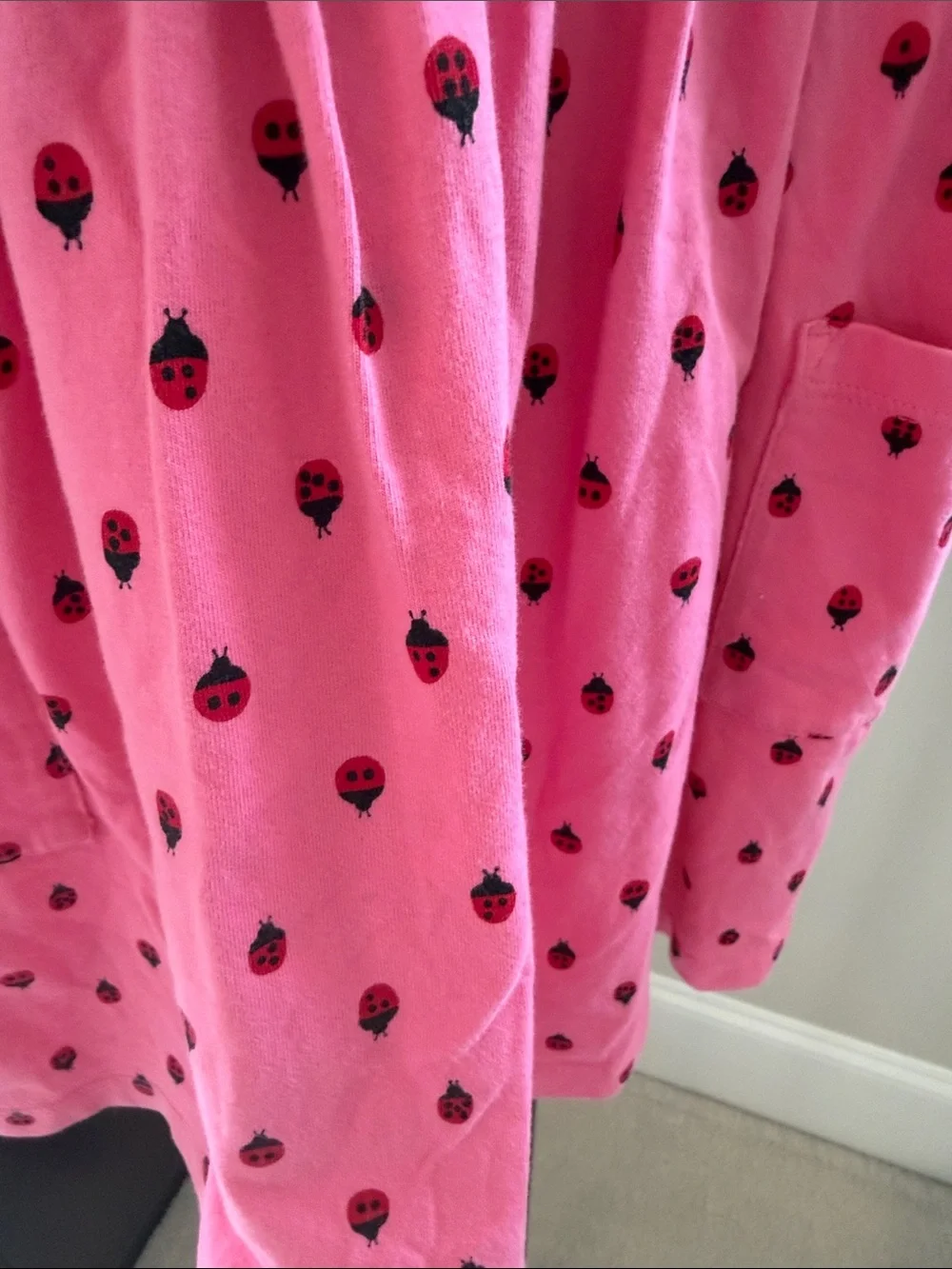 Green & Pink Long-Sleeve Kids Dress with Ladybug Print